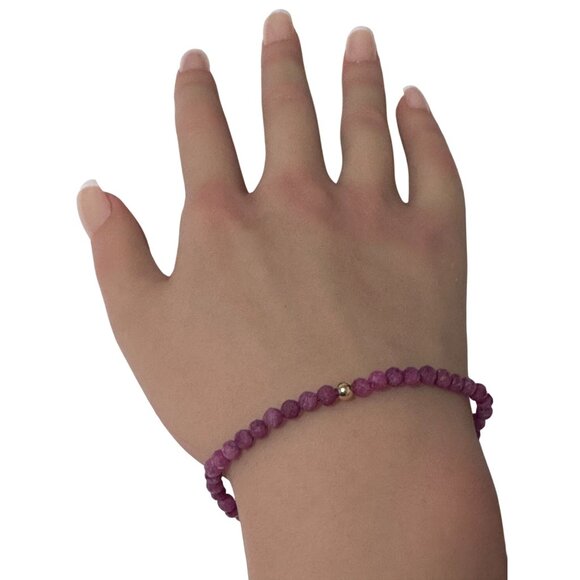 Ruby Micro Faceted Gemstone Beaded Stretch Bracelet with 14K Gold Accent Bead Ha - Picture 6 of 8